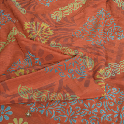 Sanskriti Vintage Sarees Orange 100% Pure Crepe Silk Printed Sari Craft Fabric