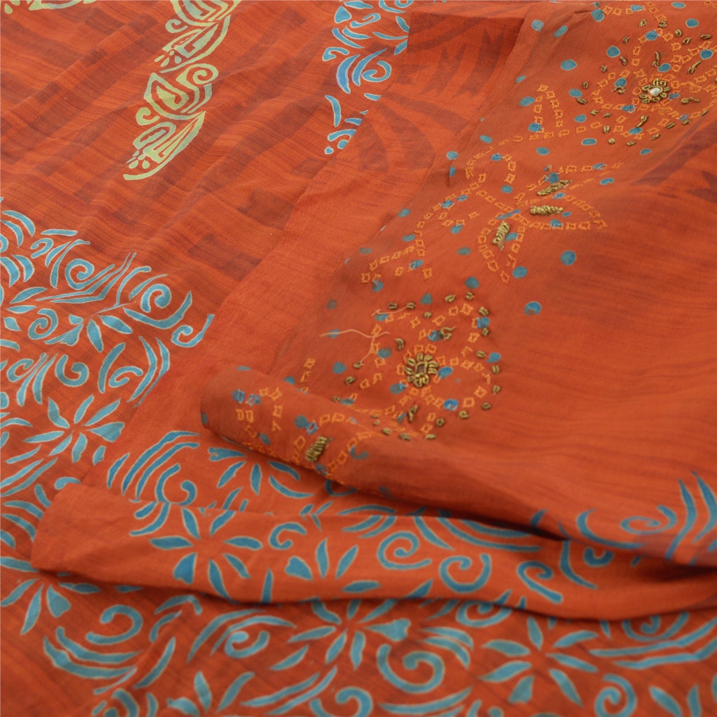 Sanskriti Vintage Sarees Orange 100% Pure Crepe Silk Printed Sari Craft Fabric