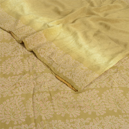 Sanskriti Vintage Sarees Green Pure Crepe Kantha Printed Sari 5yd Craft Fabric