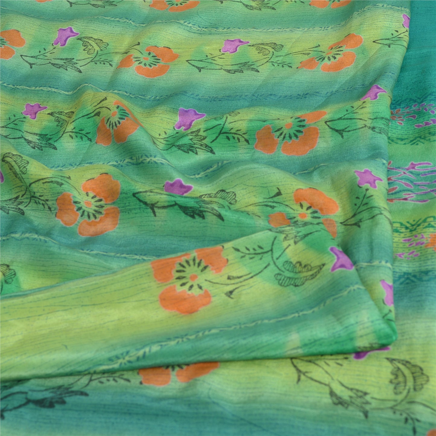 Sanskriti Vintage Sarees Blue/Green Pure Crepe Silk Printed Sari Craft Fabric