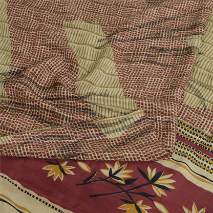 Sanskriti Vintage Sarees Red Pure Crepe Silk Printed Sari 5yd Craft Fabric