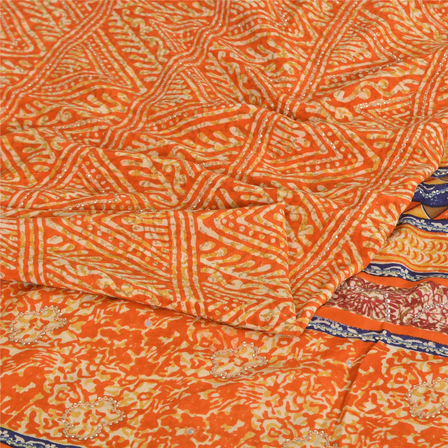 Sanskriti Vintage Sarees Orange Pure Crepe Silk Printed Sari 5yd Craft Fabric