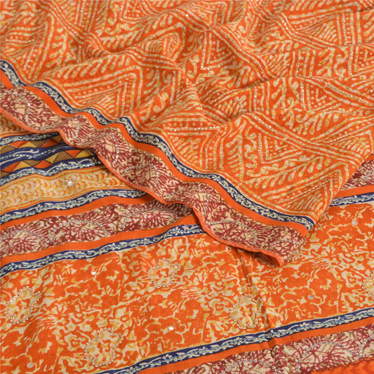 Sanskriti Vintage Sarees Orange Pure Crepe Silk Printed Sari 5yd Craft Fabric