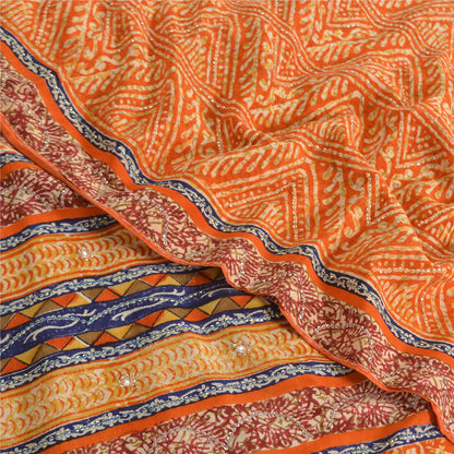 Sanskriti Vintage Sarees Orange Pure Crepe Silk Printed Sari 5yd Craft Fabric