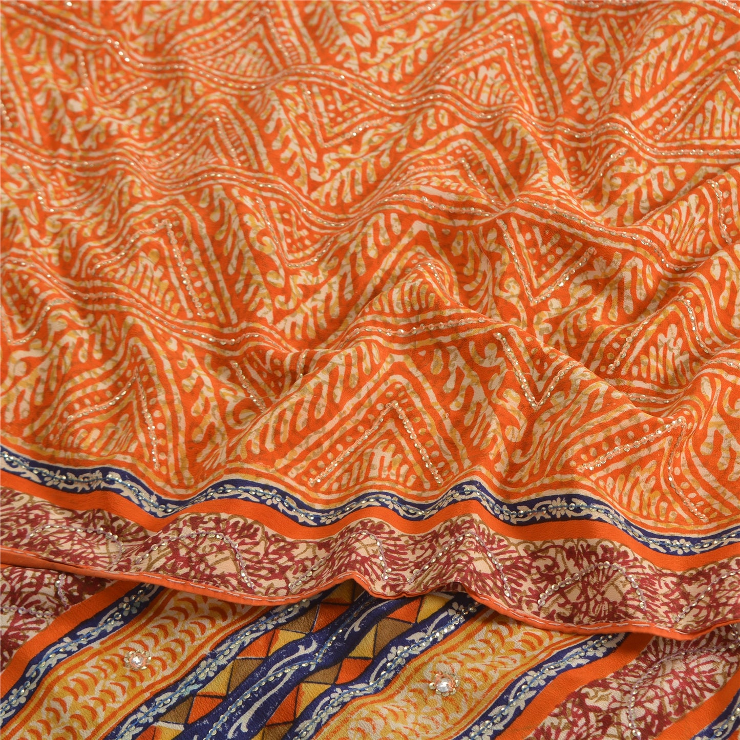 Sanskriti Vintage Sarees Orange Pure Crepe Silk Printed Sari 5yd Craft Fabric