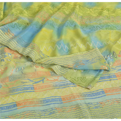 Sanskriti Vintage Sarees Green Pure Crepe Silk Printed Sari Floral Craft Fabric