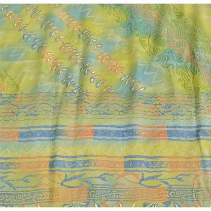 Sanskriti Vintage Sarees Green Pure Crepe Silk Printed Sari Floral Craft Fabric