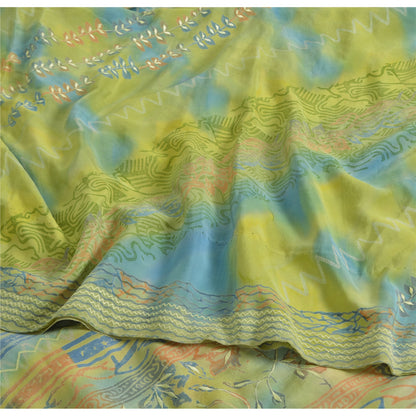 Sanskriti Vintage Sarees Green Pure Crepe Silk Printed Sari Floral Craft Fabric