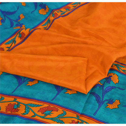 Sanskriti Vintage Sarees Orange/Blue Pure Crepe Silk Print Sari 5yd Craft Fabric