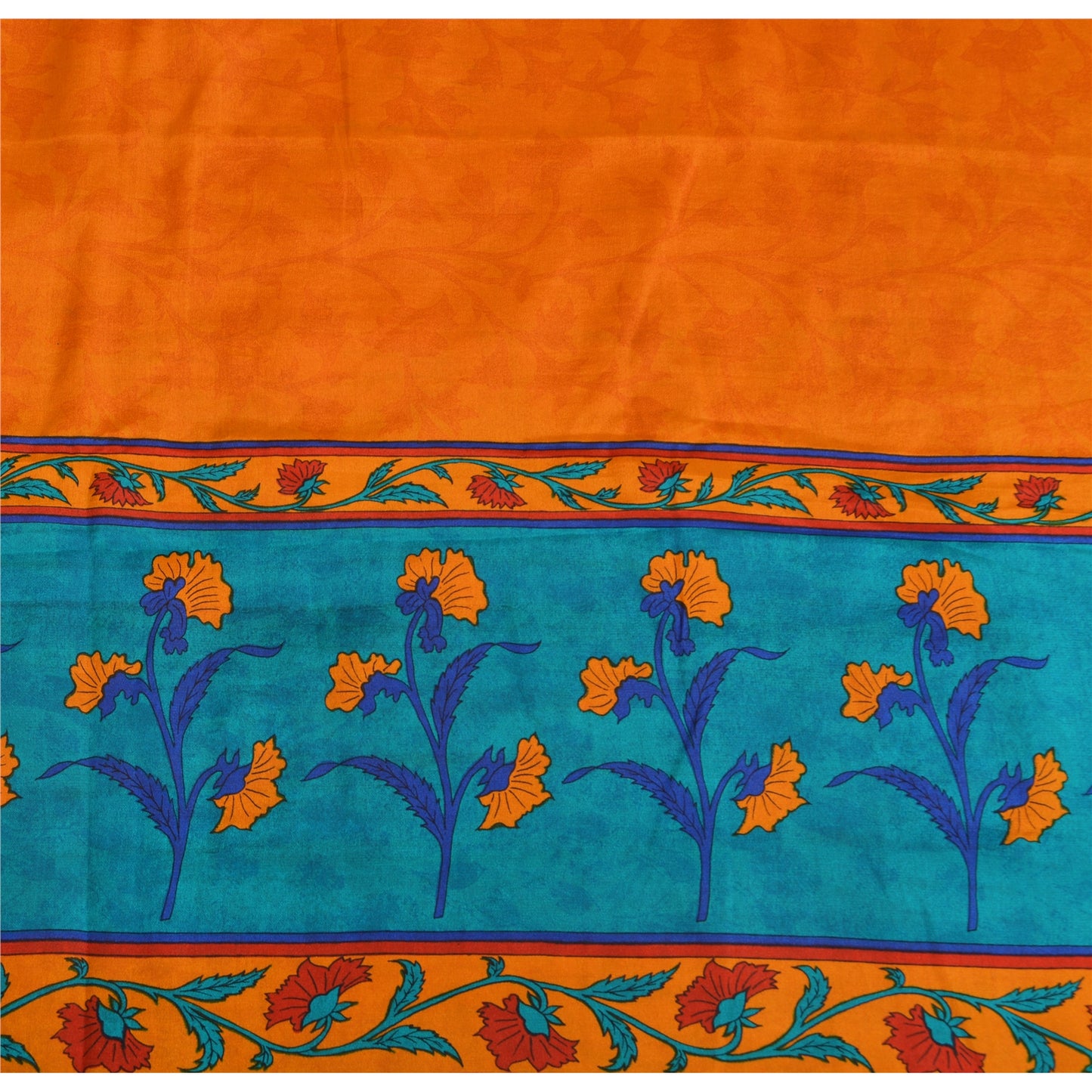 Sanskriti Vintage Sarees Orange/Blue Pure Crepe Silk Print Sari 5yd Craft Fabric