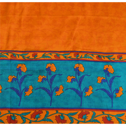 Sanskriti Vintage Sarees Orange/Blue Pure Crepe Silk Print Sari 5yd Craft Fabric