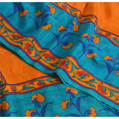 Sanskriti Vintage Sarees Orange/Blue Pure Crepe Silk Print Sari 5yd Craft Fabric