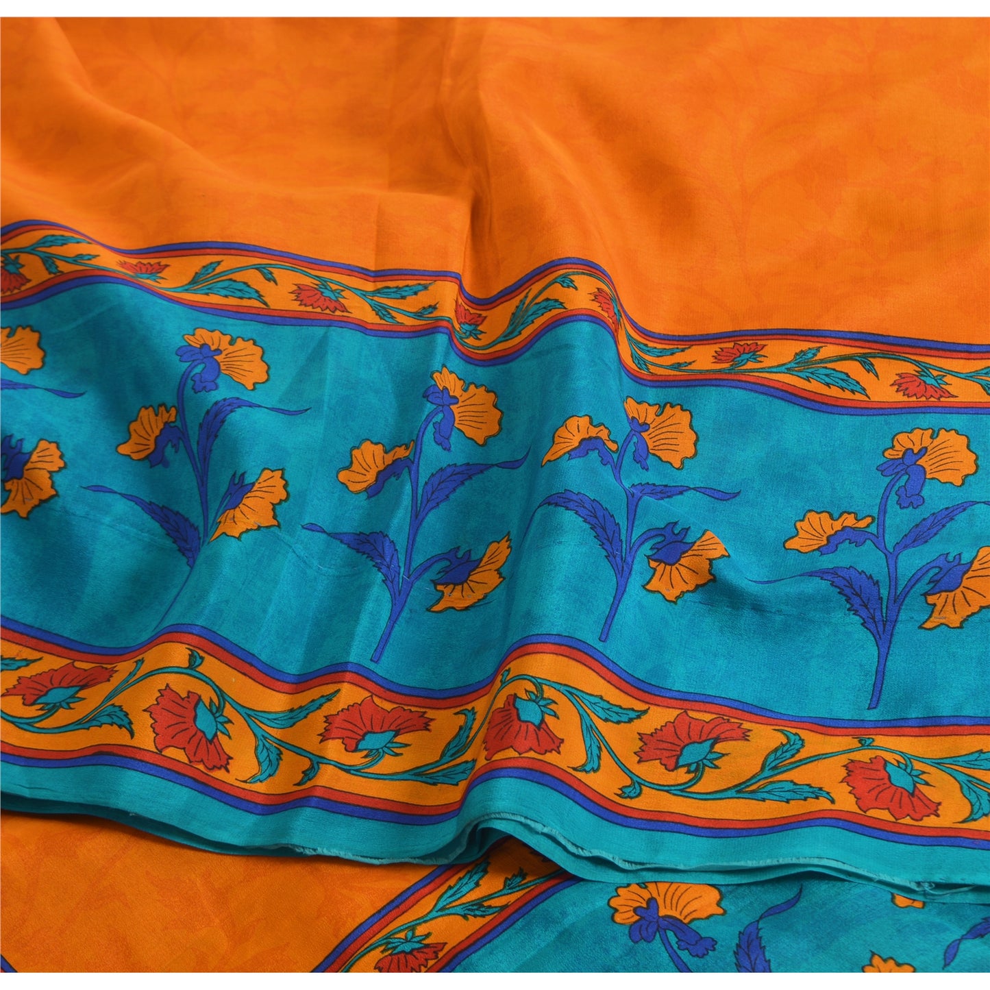 Sanskriti Vintage Sarees Orange/Blue Pure Crepe Silk Print Sari 5yd Craft Fabric