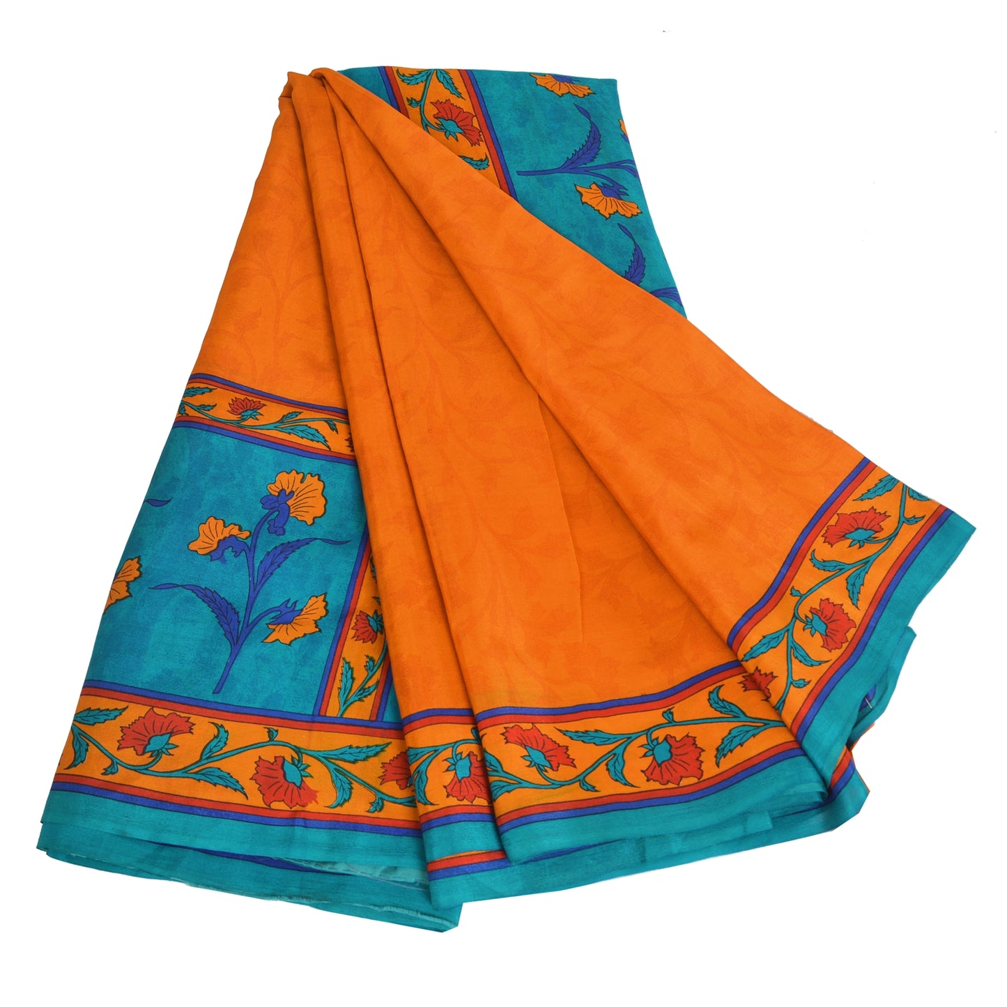 Sanskriti Vintage Sarees Orange/Blue Pure Crepe Silk Print Sari 5yd Craft Fabric