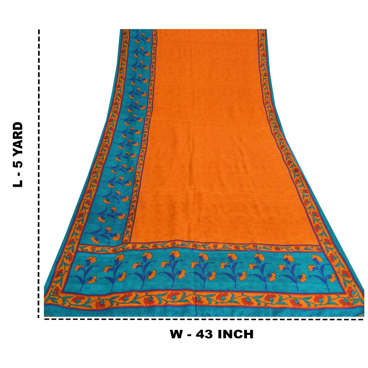 Sanskriti Vintage Sarees Orange/Blue Pure Crepe Silk Print Sari 5yd Craft Fabric