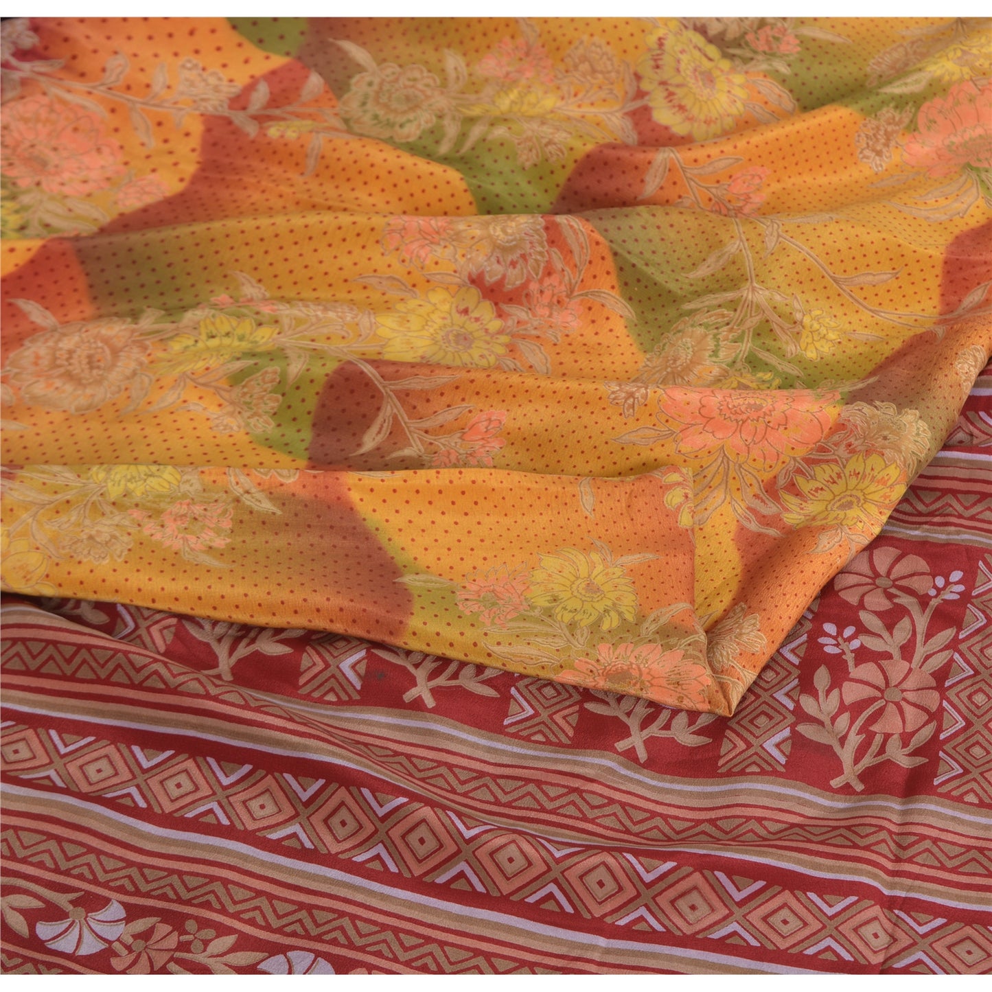 Sanskriti Vintage Sarees Multi Pure Crepe Silk Printed Sari 5yd Craft Fabric