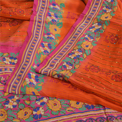 Sanskriti Vintage Sarees Orange Hand Beaded Pure Crepe Silk Printed Sari Fabric