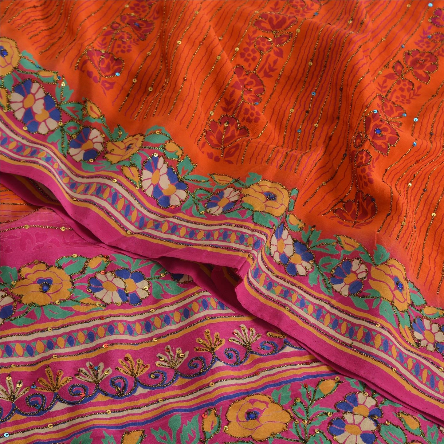 Sanskriti Vintage Sarees Orange Hand Beaded Pure Crepe Silk Printed Sari Fabric