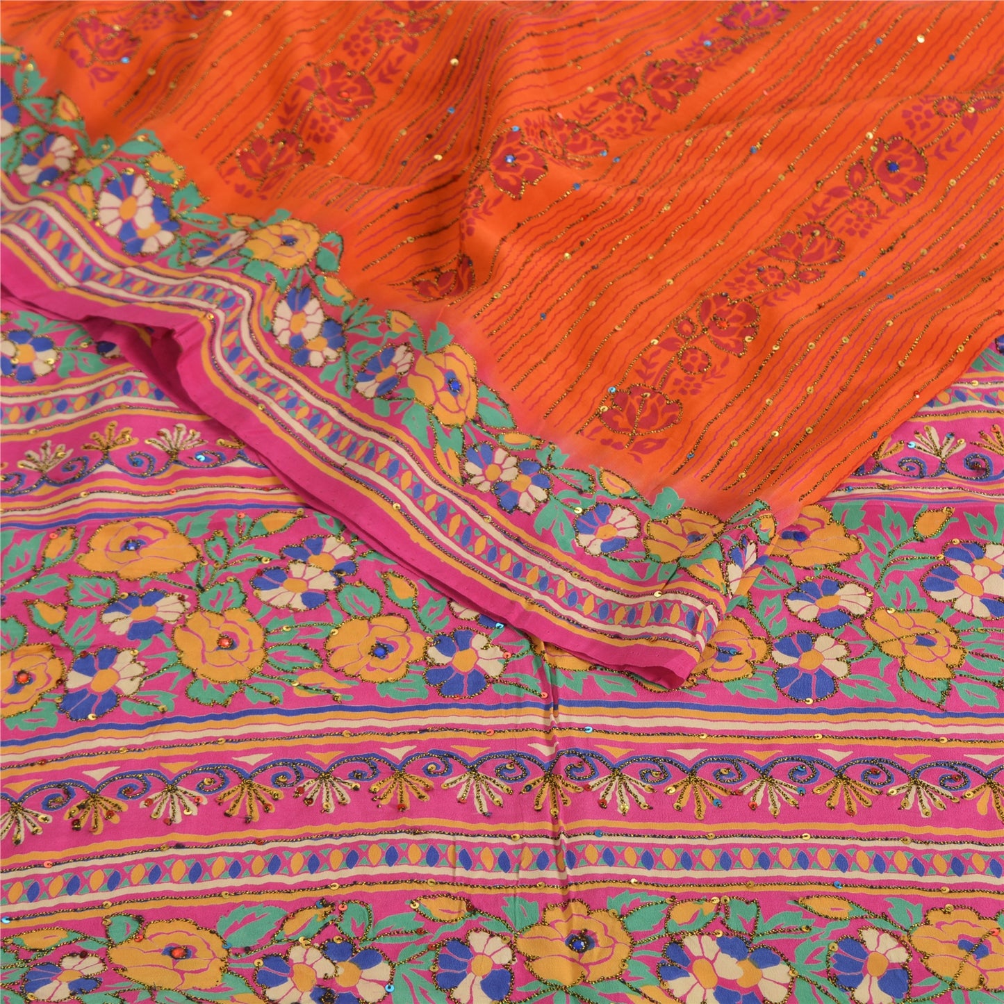 Sanskriti Vintage Sarees Orange Hand Beaded Pure Crepe Silk Printed Sari Fabric