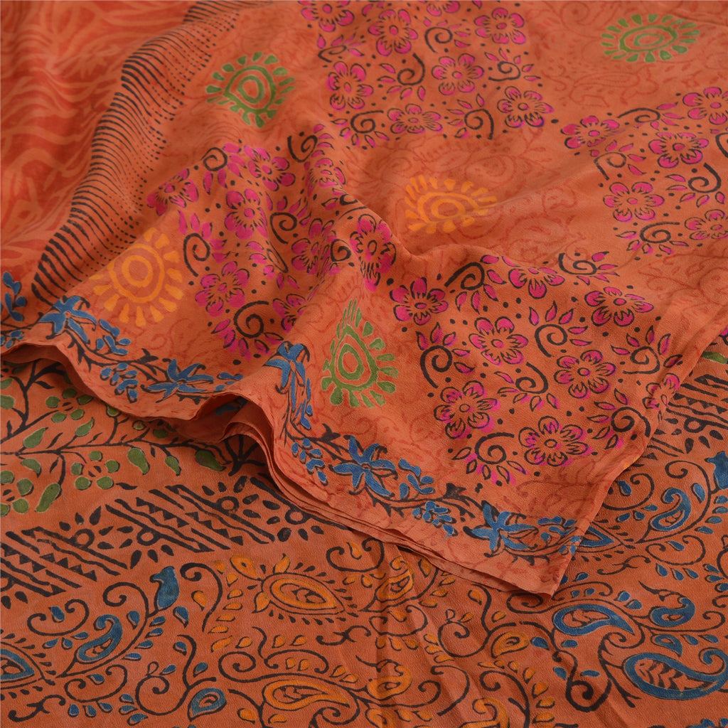 Sanskriti Vintage Sarees Rusty Orange 100% Pure Crepe Silk Printed Sari Fabric