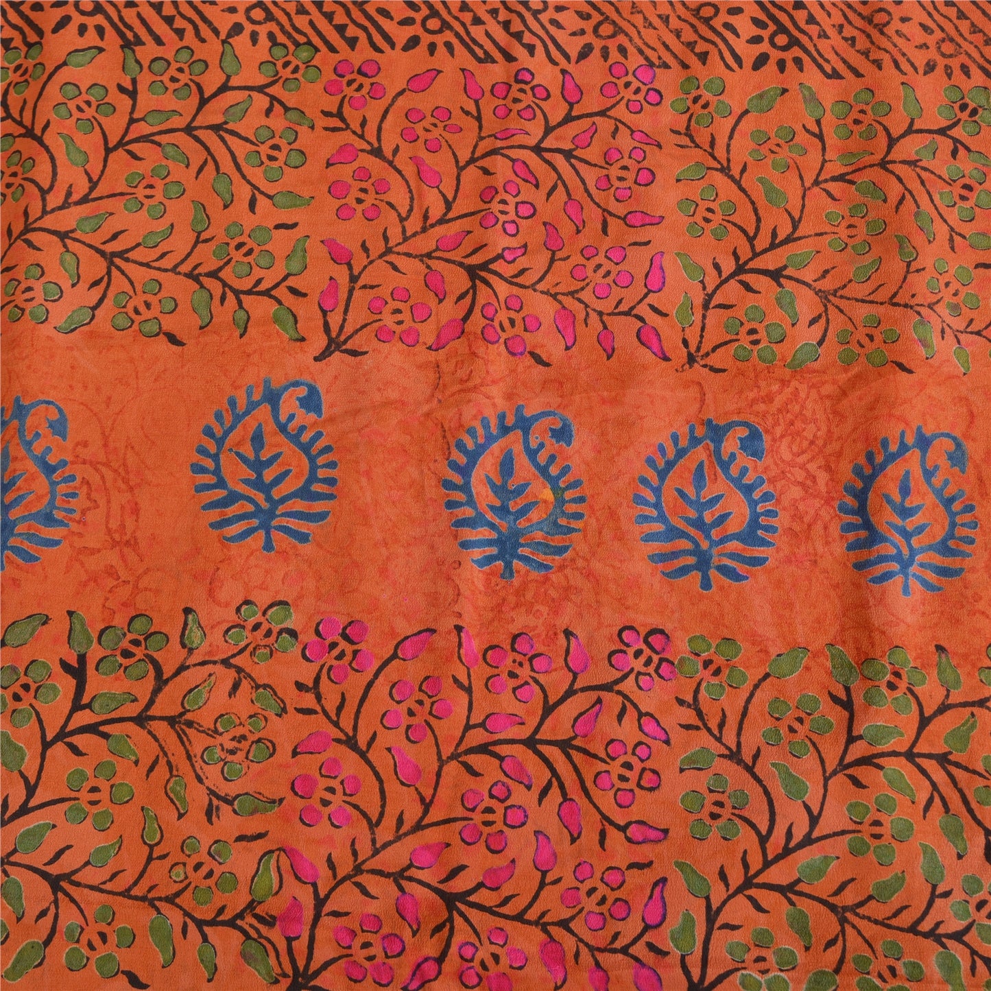 Sanskriti Vintage Sarees Rusty Orange 100% Pure Crepe Silk Printed Sari Fabric