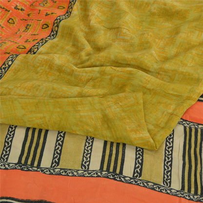 Sanskriti Vintage Sarees Green/Orange Pure Crepe Printed Sari 5yd Craft Fabric