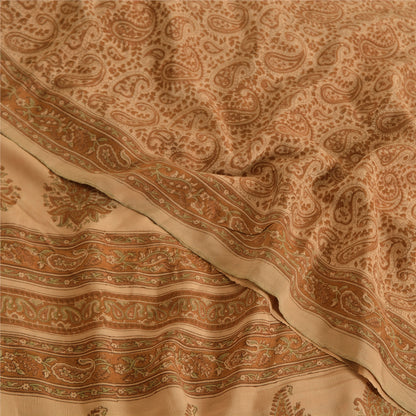 Sanskriti Vintage Sarees Brown 100%Pure Crepe Silk Printed Sari 5yd Craft Fabric