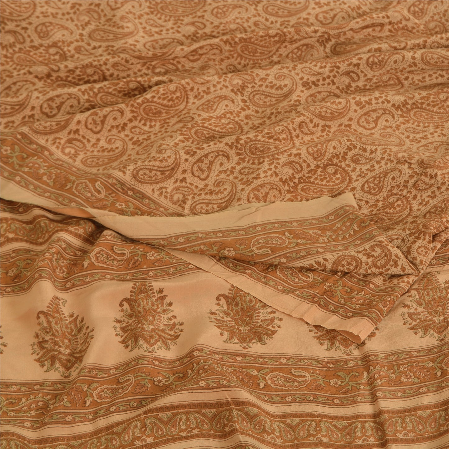 Sanskriti Vintage Sarees Brown 100%Pure Crepe Silk Printed Sari 5yd Craft Fabric