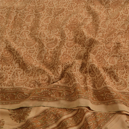 Sanskriti Vintage Sarees Brown 100%Pure Crepe Silk Printed Sari 5yd Craft Fabric