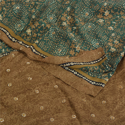 Sanskriti Vintage Sarees Indian Green Pure Crepe Hand Beaded Printed Sari Fabric