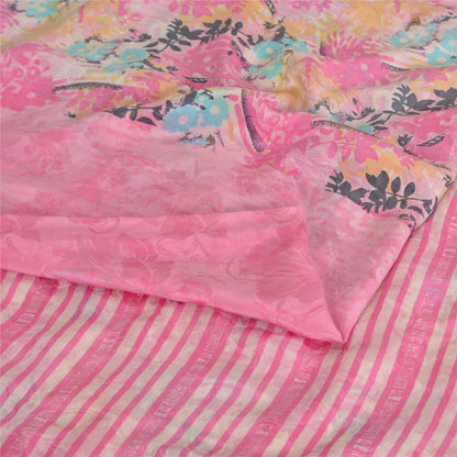 Sanskriti Vintage Sarees Pink Pure Crepe Silk Printed Sari 5yd Craft Fabric