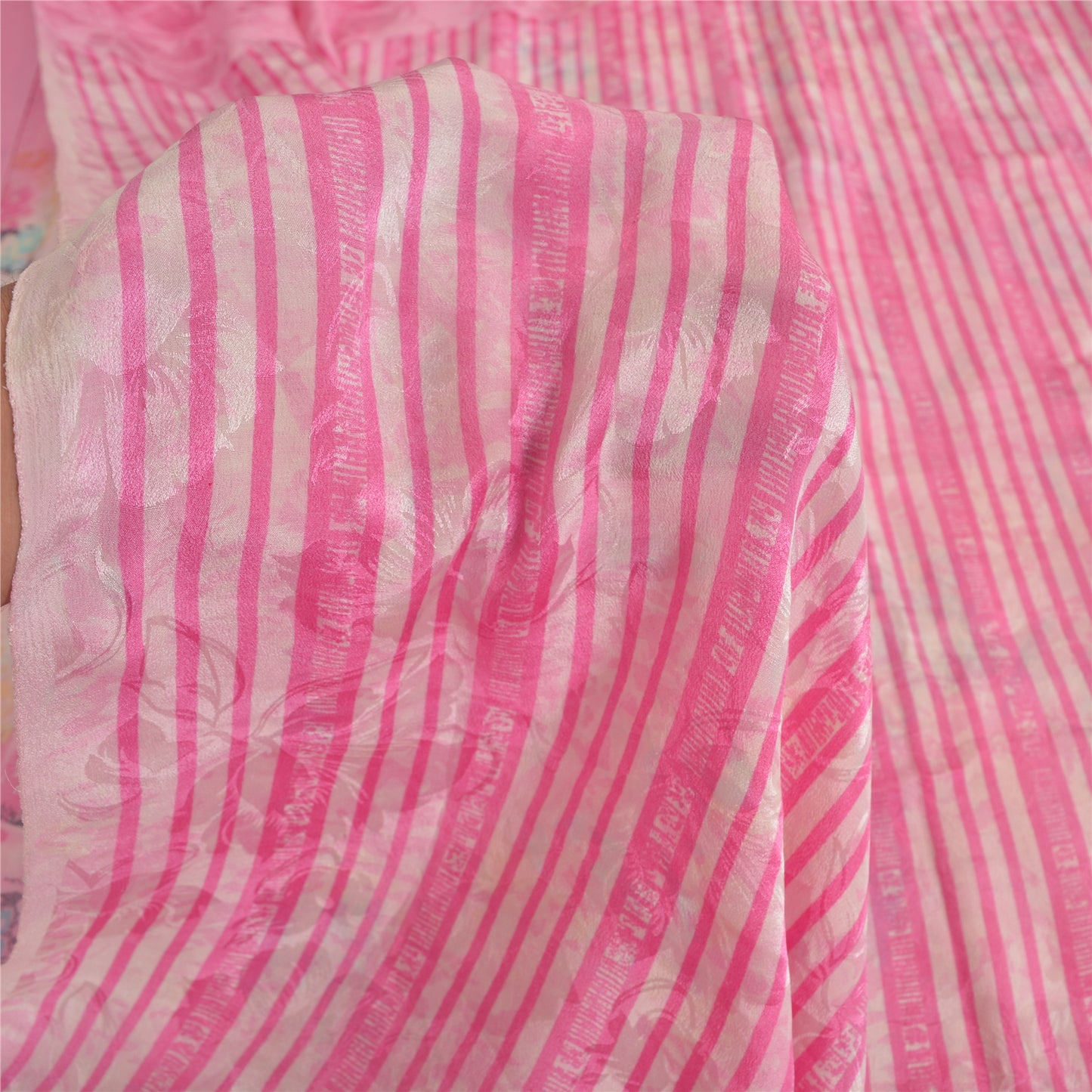 Sanskriti Vintage Sarees Pink Pure Crepe Silk Printed Sari 5yd Craft Fabric