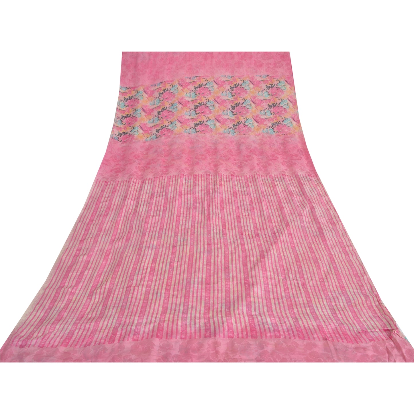 Sanskriti Vintage Sarees Pink Pure Crepe Silk Printed Sari 5yd Craft Fabric