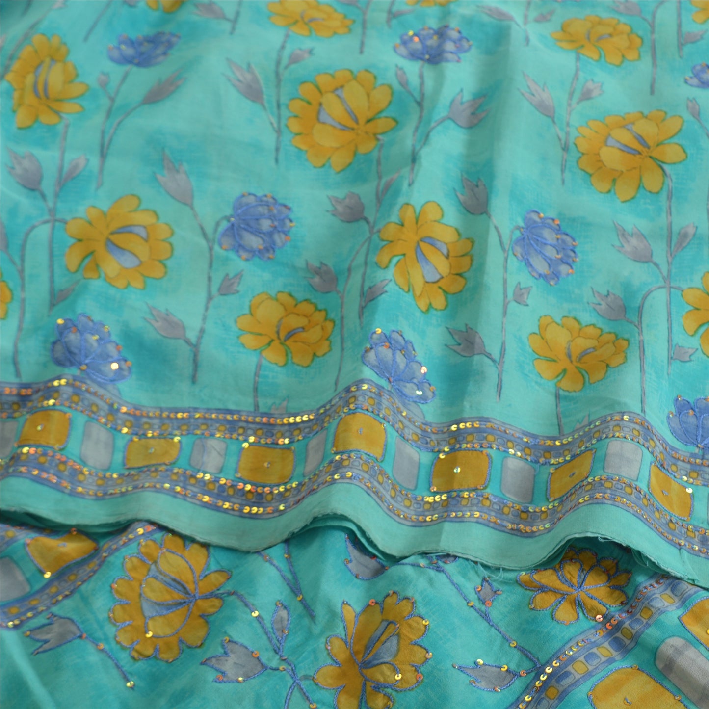 Sanskriti Vintage Sarees Green Pure Crepe Printed/Embroidery Sari Craft Fabric