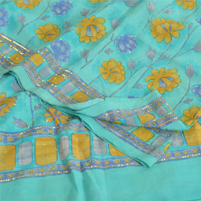 Sanskriti Vintage Sarees Green Pure Crepe Printed/Embroidery Sari Craft Fabric