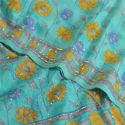 Sanskriti Vintage Sarees Green Pure Crepe Printed/Embroidery Sari Craft Fabric