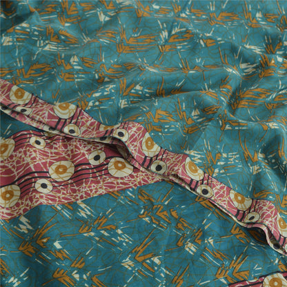 Sanskriti Vintage Sarees Blue Pure Crepe Silk Printed Sari 5yd Craft Fabric