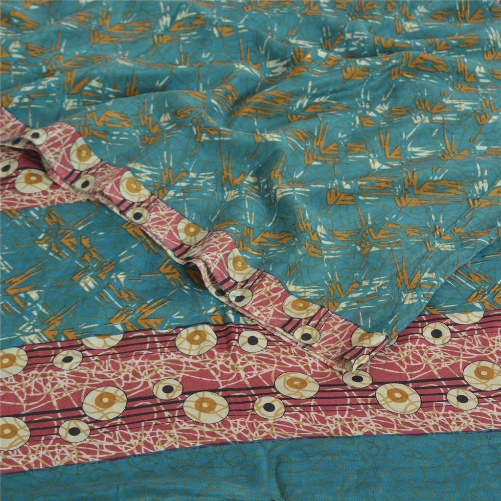 Sanskriti Vintage Sarees Blue Pure Crepe Silk Printed Sari 5yd Craft Fabric