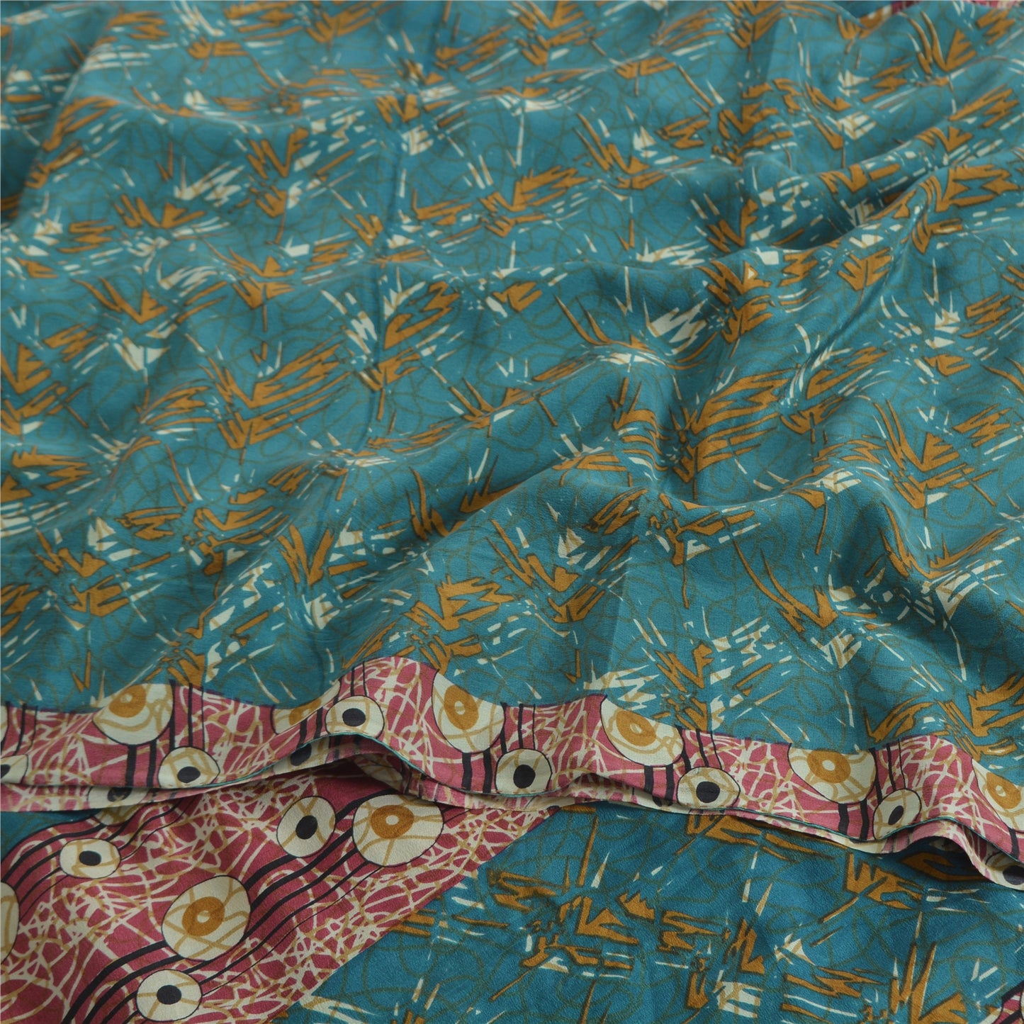 Sanskriti Vintage Sarees Blue Pure Crepe Silk Printed Sari 5yd Craft Fabric