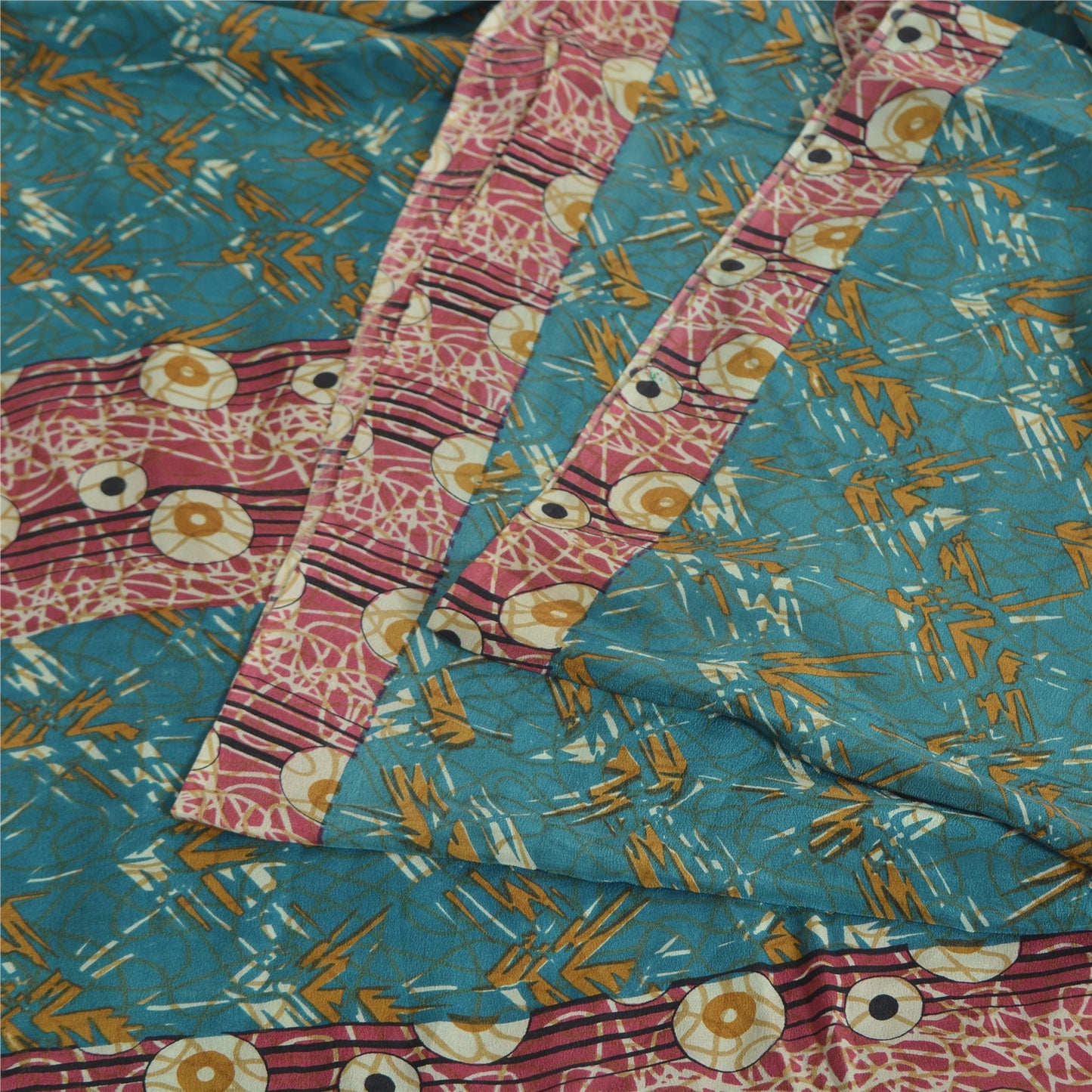 Sanskriti Vintage Sarees Blue Pure Crepe Silk Printed Sari 5yd Craft Fabric