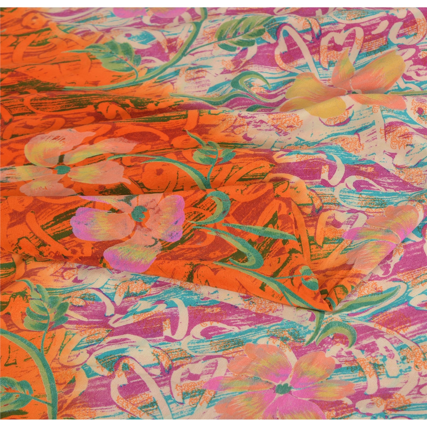 Sanskriti Vintage Sarees Ivory/Orange Pure Crepe Silk Printed Sari Craft Fabric