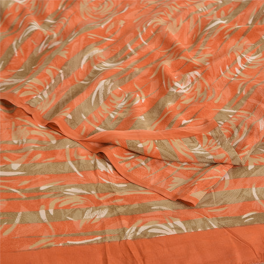 Sanskriti Vintage Sarees Green/Orange Pure Crepe Printed Sari 5yd Craft Fabric