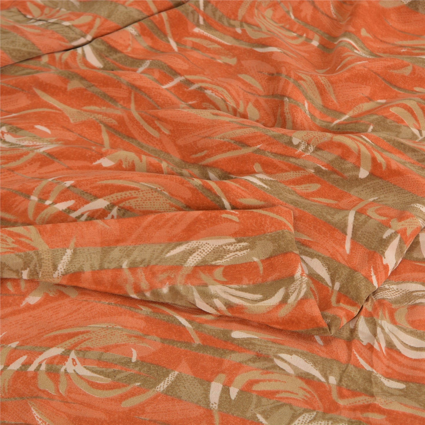 Sanskriti Vintage Sarees Green/Orange Pure Crepe Printed Sari 5yd Craft Fabric