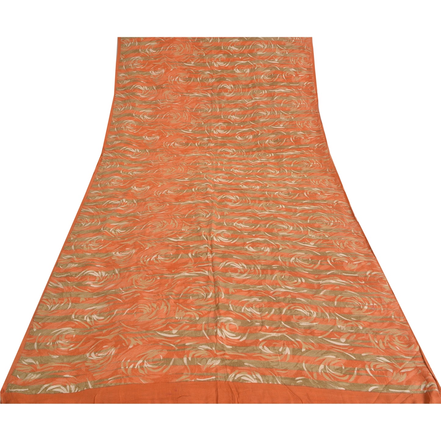 Sanskriti Vintage Sarees Green/Orange Pure Crepe Printed Sari 5yd Craft Fabric