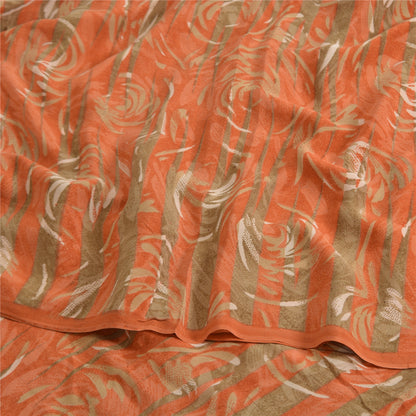 Sanskriti Vintage Sarees Green/Orange Pure Crepe Printed Sari 5yd Craft Fabric