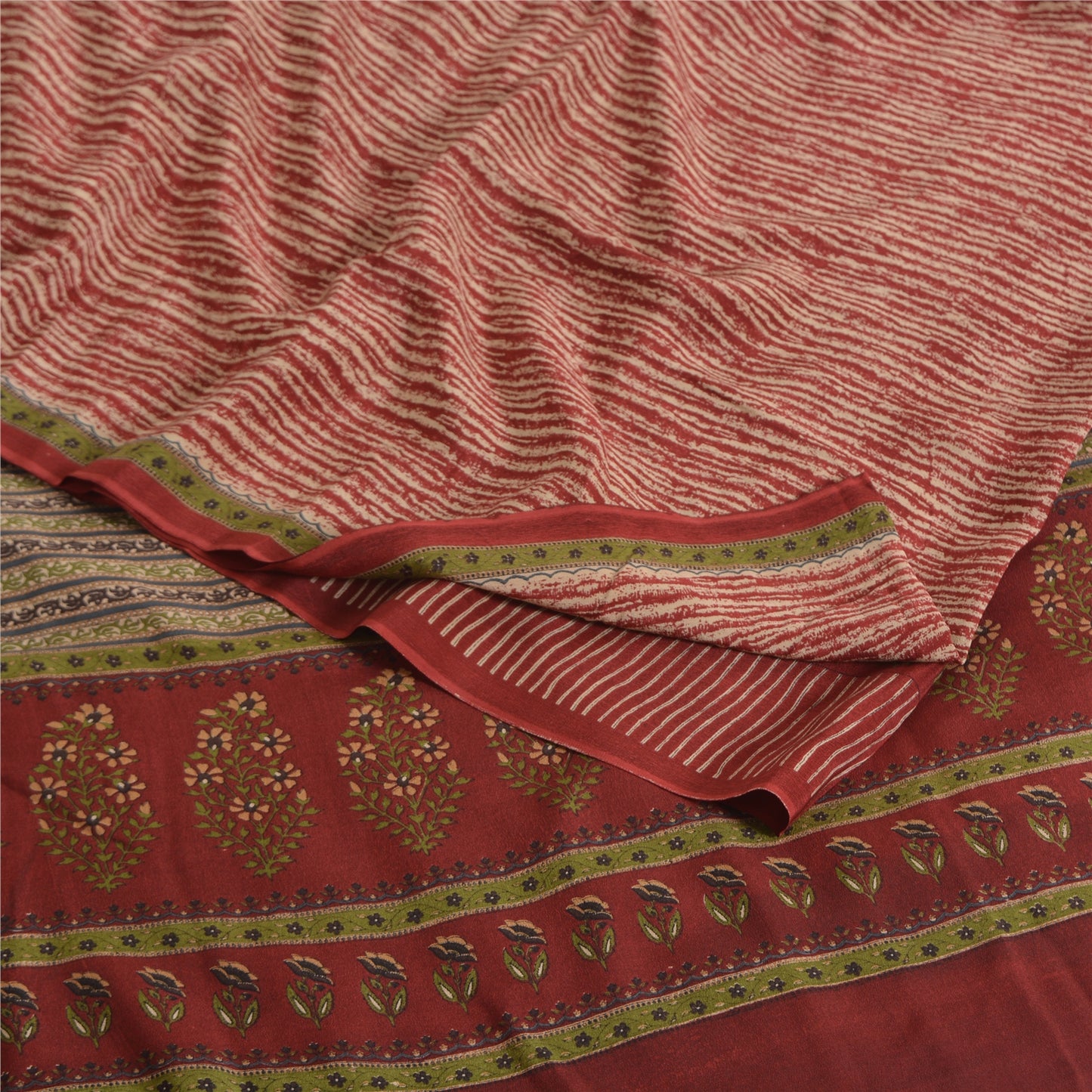 Sanskriti Vintage Sarees Red Pure Crepe Silk Printed Sari 5yd Craft Fabric