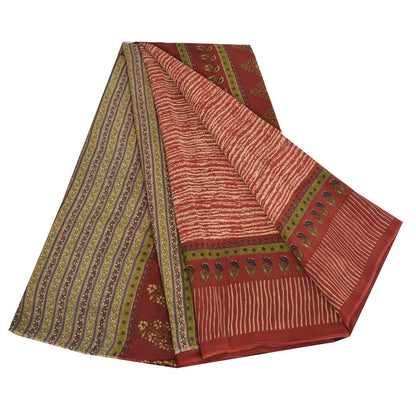 Sanskriti Vintage Sarees Red Pure Crepe Silk Printed Sari 5yd Craft Fabric