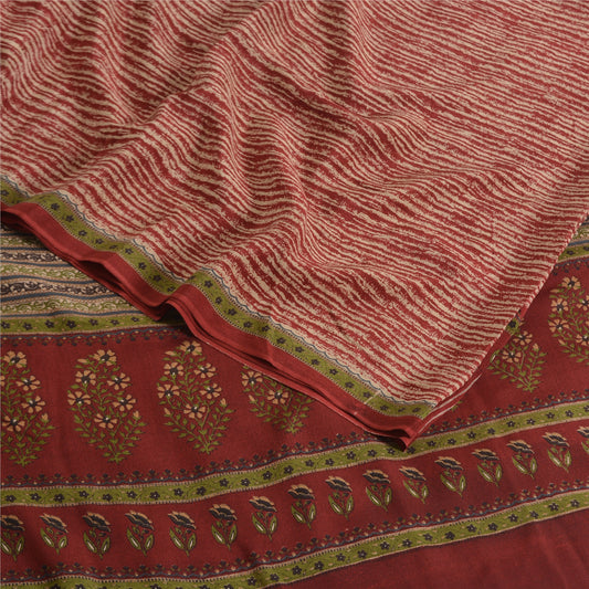 Sanskriti Vintage Sarees Red Pure Crepe Silk Printed Sari 5yd Craft Fabric