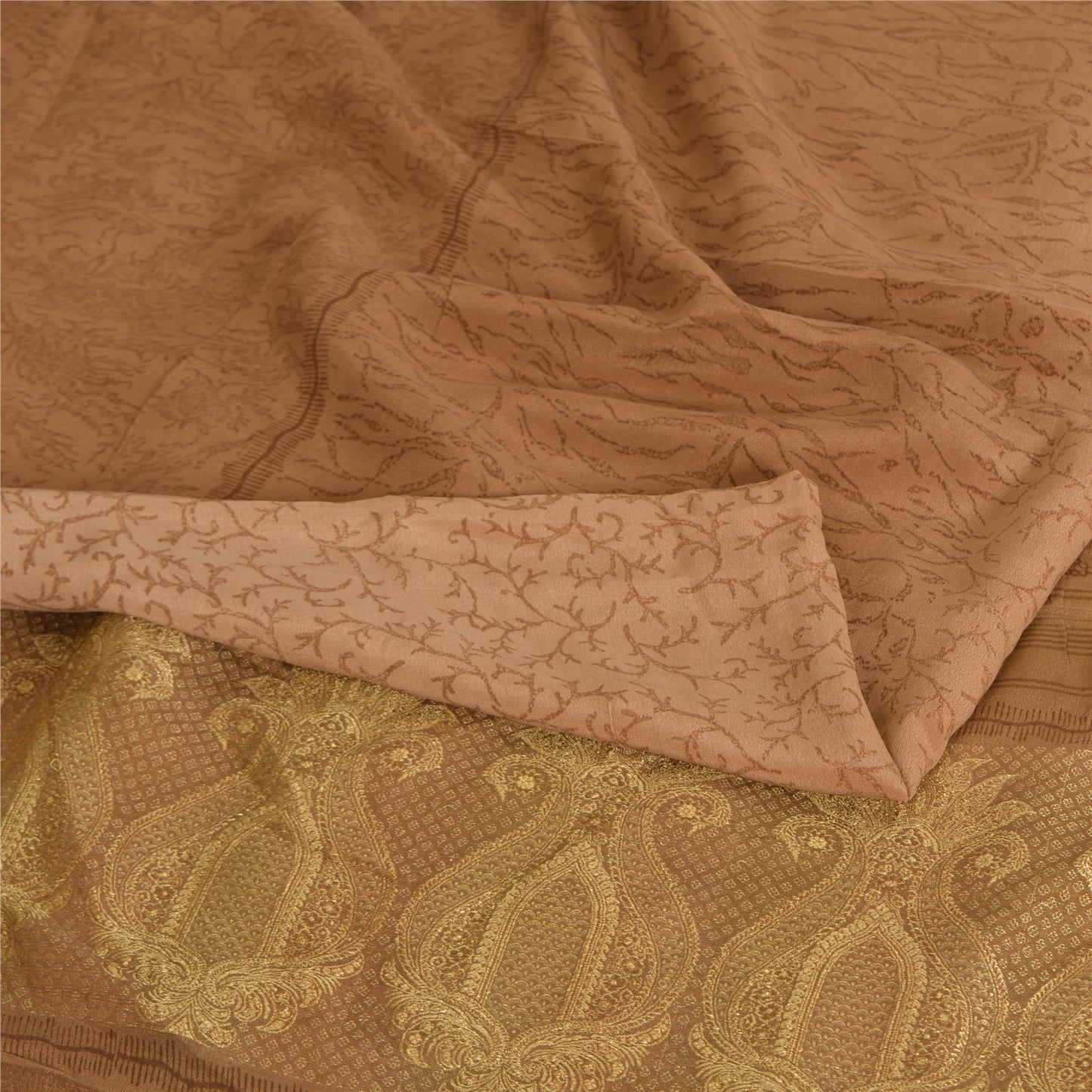 Sanskriti Vintage Sarees Peach Pure Crepe Silk Print Woven Border Sari Fabric