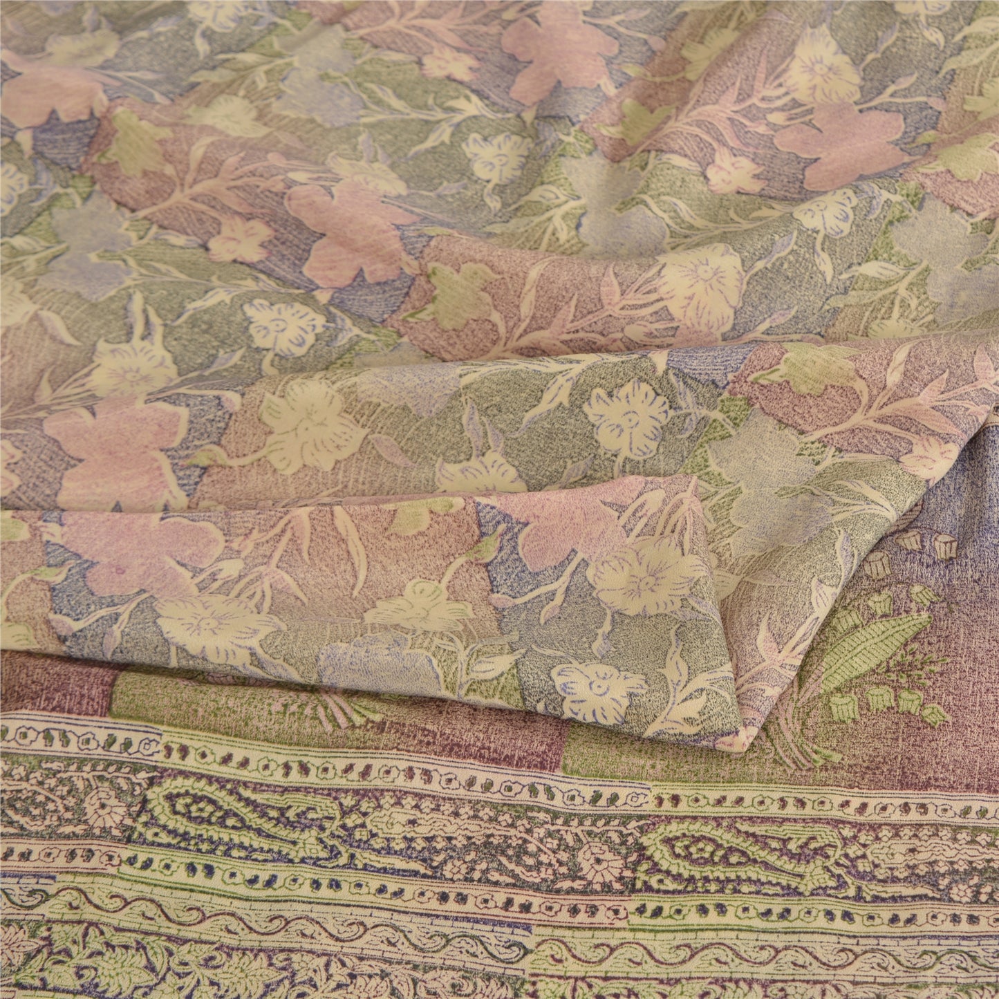 Sanskriti Vintage Sarees Multi Pure Crepe Silk Printed Sari 5yd Craft Fabric